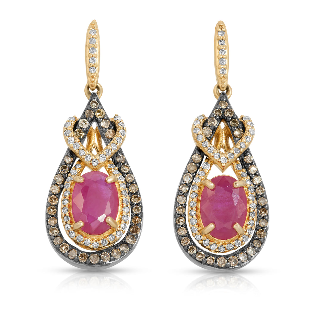 14k Yellow Gold - Ruby/Diamond Drop Earring