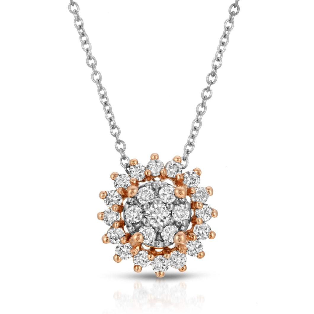14k White/Rose Gold - Cluster Diamond with Halo Pendant